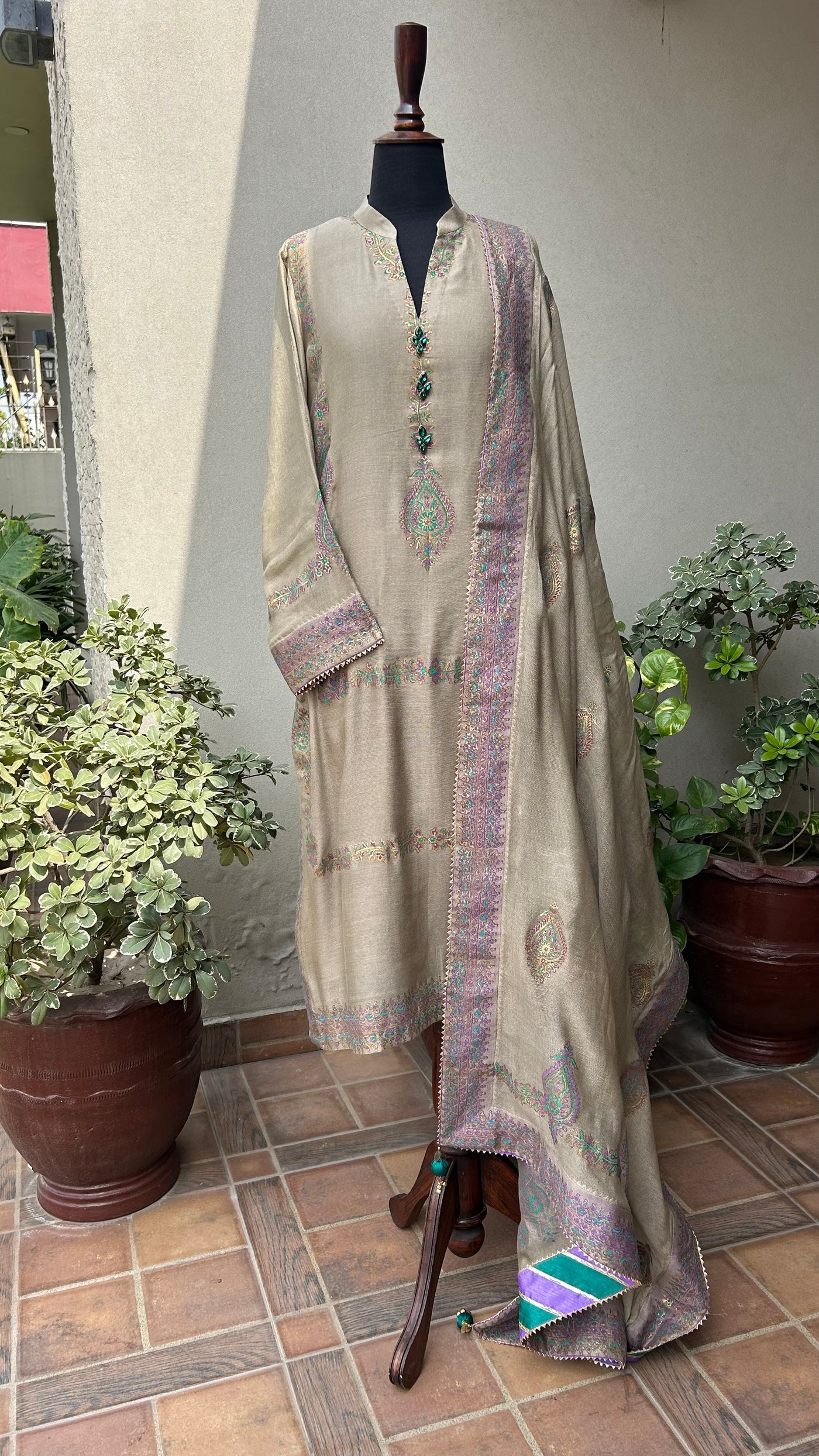 Beige block print 3pc