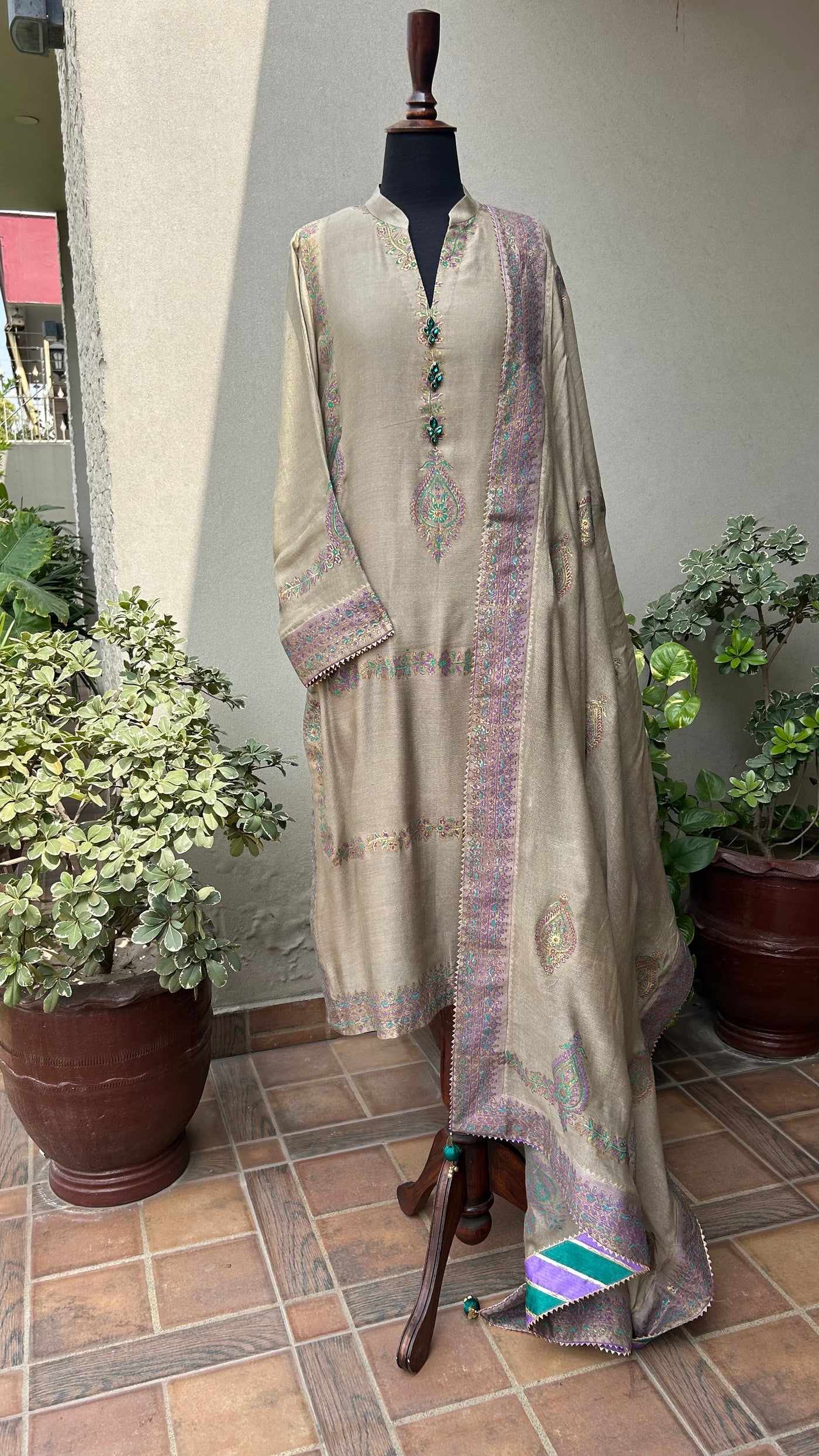 Beige block print 3pc